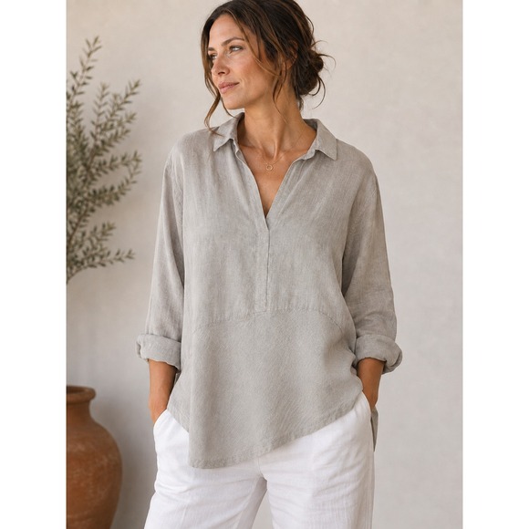 J. Jill Tops - J.Jill Love Linen Beige V-Neck Asymmetrical Tunic Top XL Petite Lagonlook Relax